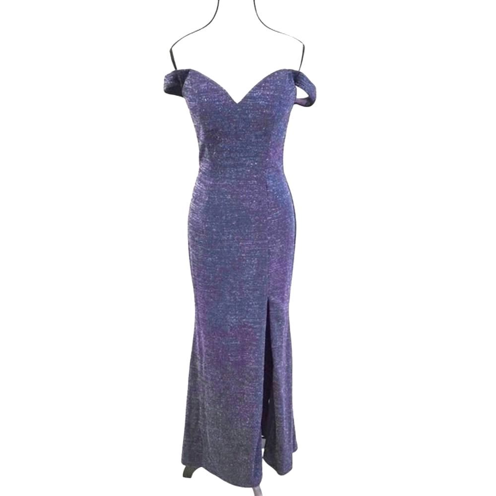 Vintage 90s Boutique Navy Metallic Off Shoulder‎ Mermaid Formal Gown Size 6